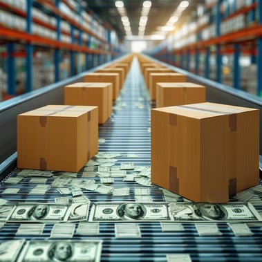 shipping boxes on a conveyor belt transforming into cash